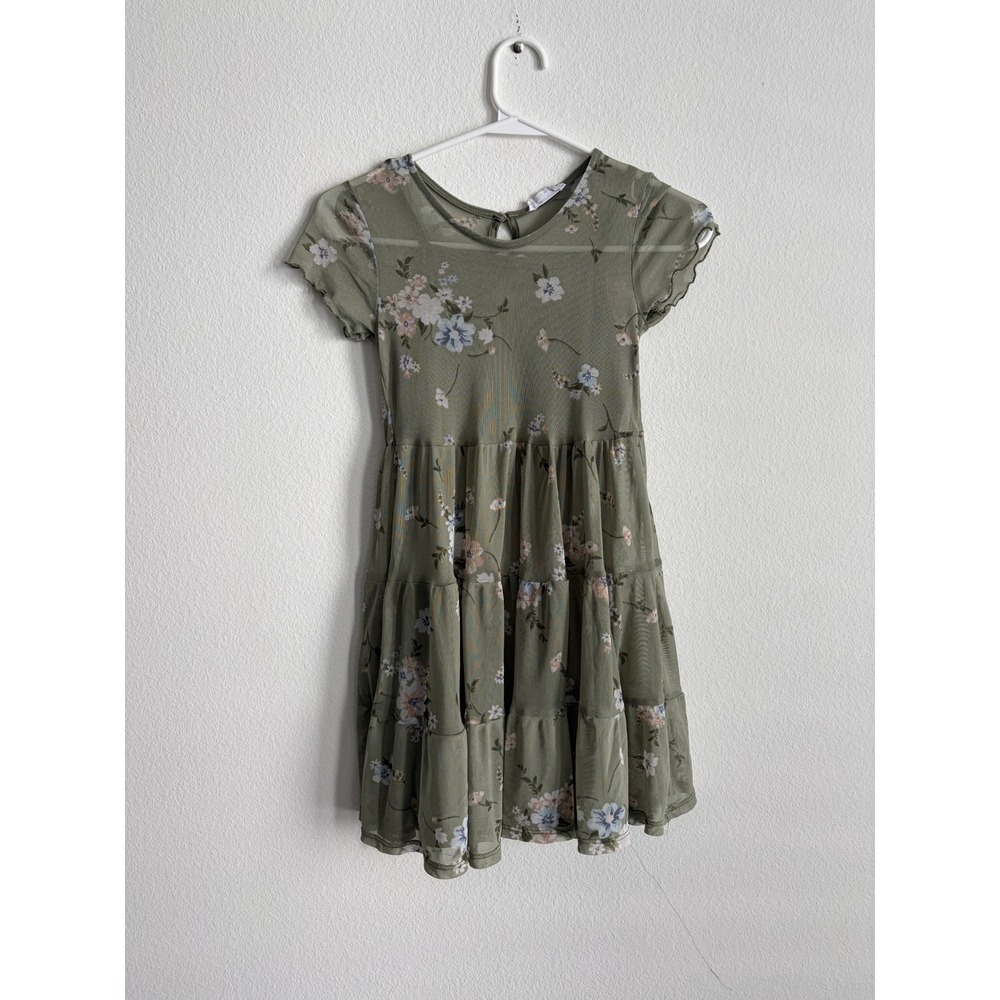 Knit Works Girls Size 7/8 Sage Green Floral Mesh Tiered Flutter Sleeve Dress